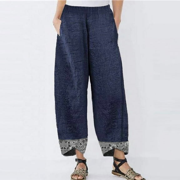 UTTOASFAY Elastic-Waist Floral Print Palazzo Pants - Women Casual Linen Print Irregular Elastic Waist Loose Wide Leg Pants Elastic Waist Office Trousers for Women