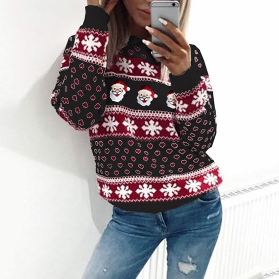 UTTOASFAY Women Christmas Santa Claus Jumper Oversized Top Pullovers Sweatshirts Black 10(XL)