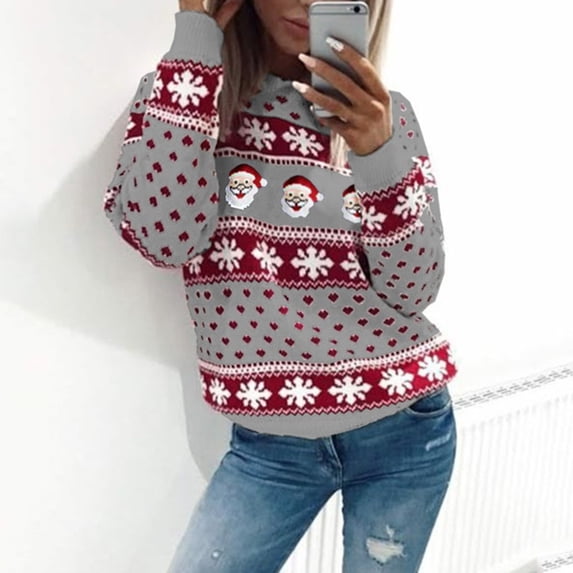 LoyisViDion Women Christmas Santa Claus Jumper Oversized Top Pullovers Sweatshirts Gray 6(M)