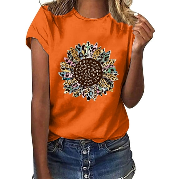 UTTOASFAY Women Clothing Women Casual Letter Printing Short Sleeves O-Neck Loose T-Shirt Blouse Tops Orange L