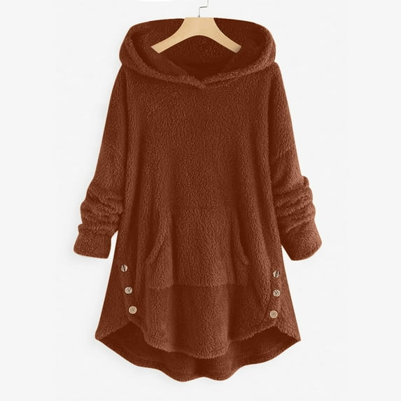 UTTOASFAY Women Coats Plus Size Clearance Woman'S Casual Solid Color Plush Buttons Long Sleeved Hooded Plush Coat Top Rollbacks Brown 8(L)