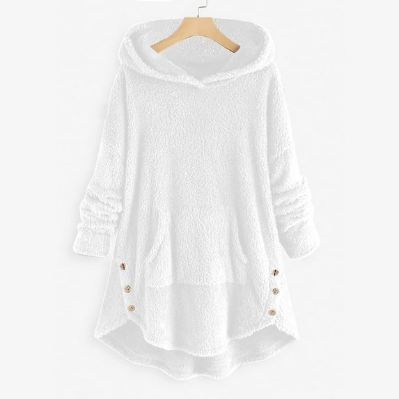 LoyisViDion Women Coats Plus Size Clearance Woman'S Casual Solid Color Plush Buttons Long Sleeved Hooded Plush Coat Top Rollbacks White 12(Xxl)