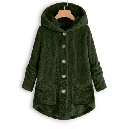 UTTOASFAY Women Coats Plus Size Clearance Women Plus Size Button Plush Tops Hooded Loose Cardigan Wool Coat Winter Jacket Rollbacks Army Green 10(M)