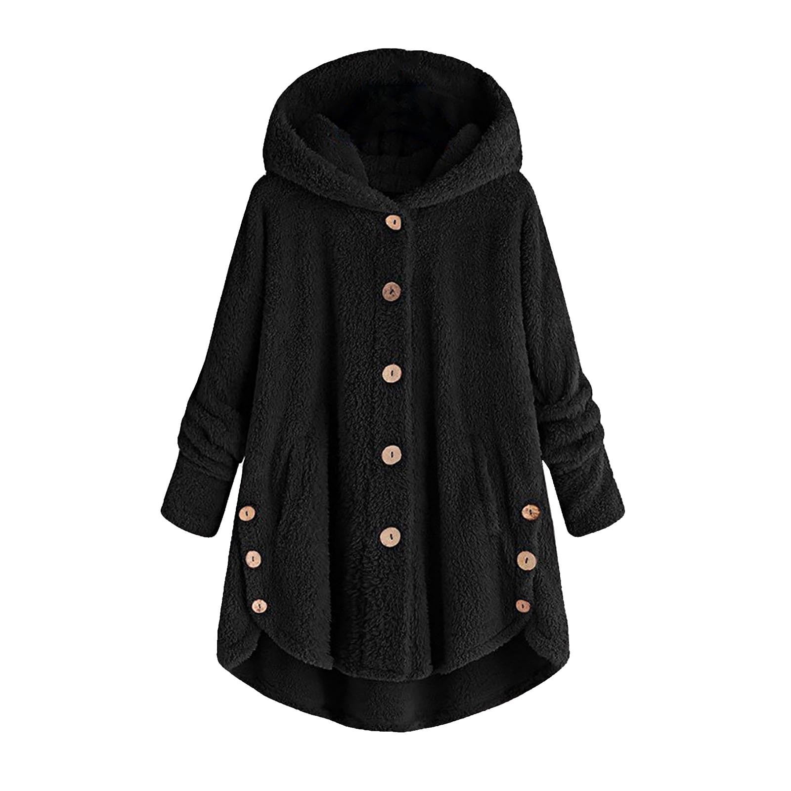 LoyisViDion Women Coats Plus Size Clearance Women Plus Size Button Plush Tops Hooded Loose Cardigan Wool Coat Winter Jacket Rollbacks Black 14(Xxxl)