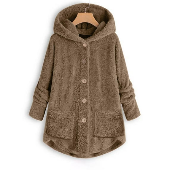 UTTOASFAY Women Coats Plus Size Clearance Women Plus Size Button Plush Tops Hooded Loose Cardigan Wool Coat Winter Jacket Rollbacks Khaki 22(Xxxxxl)