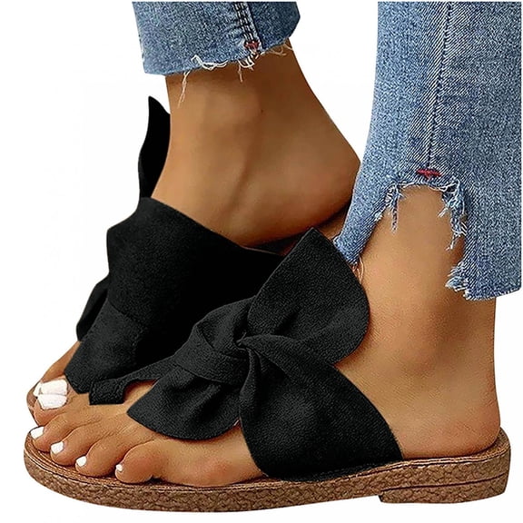 UTTOASFAY Women Open Toe Slide Bow-Knot Shoes Comfy Sandals Slippers Low Heeled Shoes Black 8(40)