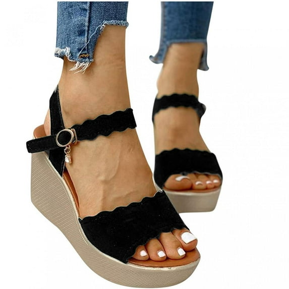 UTTOASFAY Women Open Toe Solid Slope Heel High Heels Buckle Shoes Sandals Black 7(38)