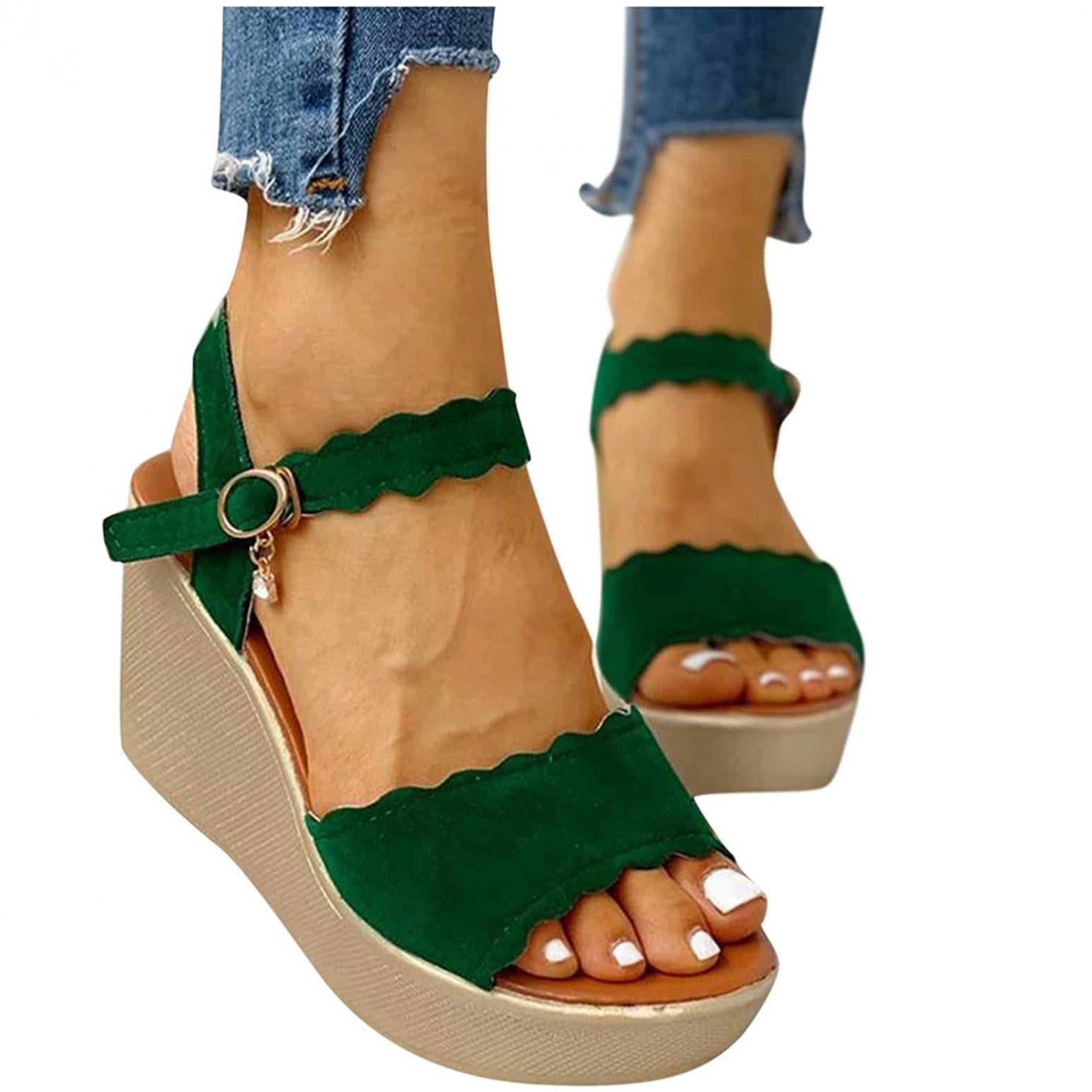 LoyisViDion Women Open Toe Solid Slope Heel High Heels Buckle Shoes