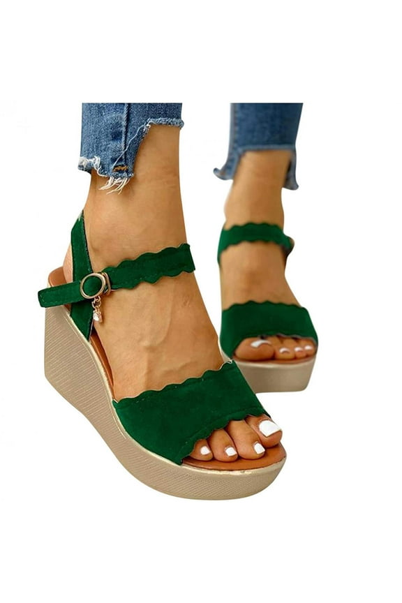 UTTOASFAY Women Open Toe Solid Slope Heel High Heels Buckle Shoes Sandals Green 9(40)