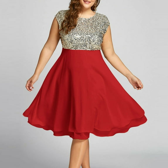 LoyisViDion Women Plus Size Dress Fashion Women Plus Size O-Neck Solid Sleeveless Zipper Chiffon Sequined Dress Red 22(XXXXXL)