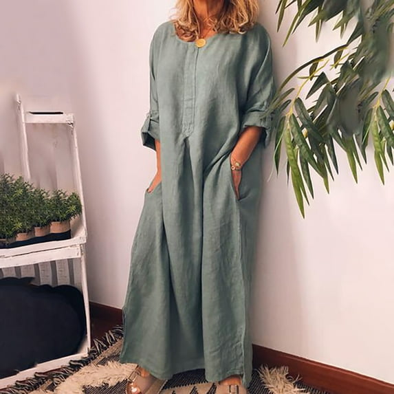 LoyisViDion Women Plus Size Dress Fashion Women Summer Casual Full Sleeve O-Neck Solid Linen Long Dress Army Green 10(XL)