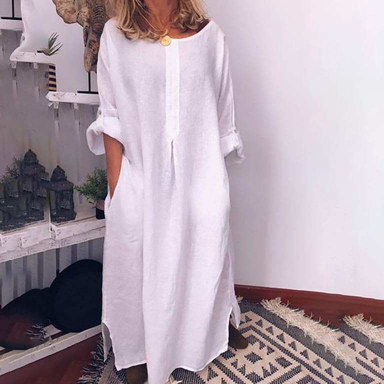UTTOASFAY Women Plus Size Dress Fashion Women Summer Casual Full Sleeve  O-Neck Solid Linen Long Dress White 4(S) - Walmart.com