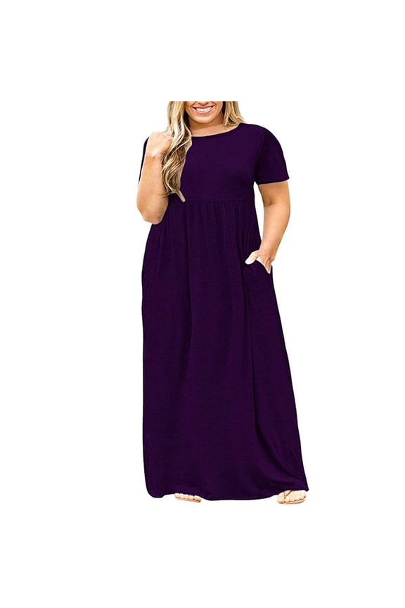 UTTOASFAY Women Plus Size Dress Plus Size Women Casual O-Neck Summer Short Sleeve Solid Loose Pocket Long Dress Purple 16(XL)