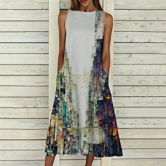 LoyisViDion Women Plus Size Dress Clearance Women Fashion Loose Sleeveless Pocket Long Dress O-Neck Print Retro Dress Gray 8(S)