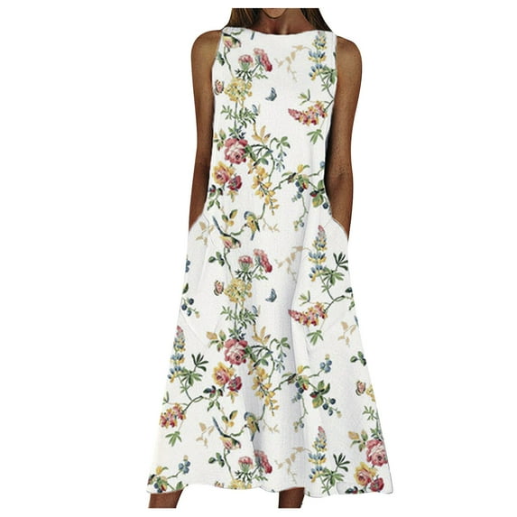 LoyisViDion Women Plus Size Dress Clearance Women Fashion Loose Sleeveless Pocket Long Dress O-Neck Print Retro Dress White 16(XXXL)