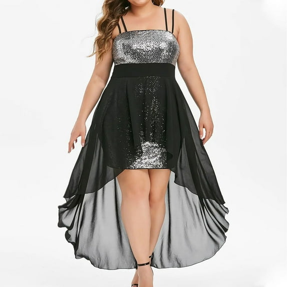 LoyisViDion Women Plus Size Dress Clearance Women Fashion Sexy Sling Deep Sequin Loose Evening Dresses Plus Size Dress Black 16(XXXXL)