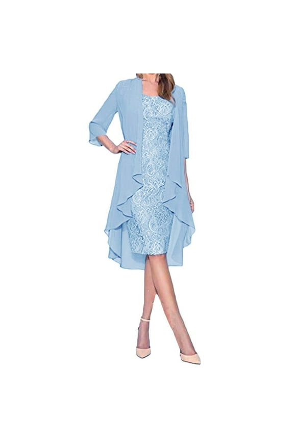 UTTOASFAY Women Plus Size Dress Women'S Fashion Two Pieces Charming Solid Color Mother of the Bride Lace Dresses Blue S