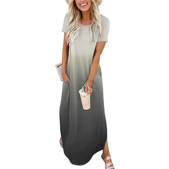 LoyisViDion Women Plus Size Dress Clearance Women'S Maxi Dresses Summer Casual Cross Rounk Neck Short Sleeve Slit Vacation Beach Long Dress Gray 6(M)