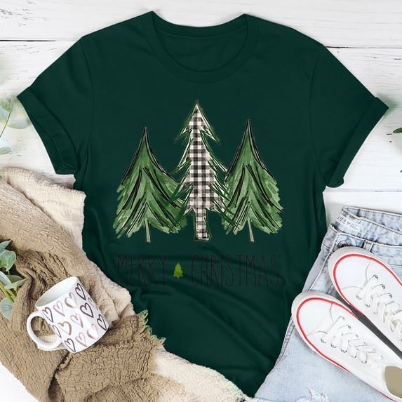 LoyisViDion Women'S Casual Round Neck Short-Sleeved Christmas Tree Printed T-Shirt Top Green 4(S)