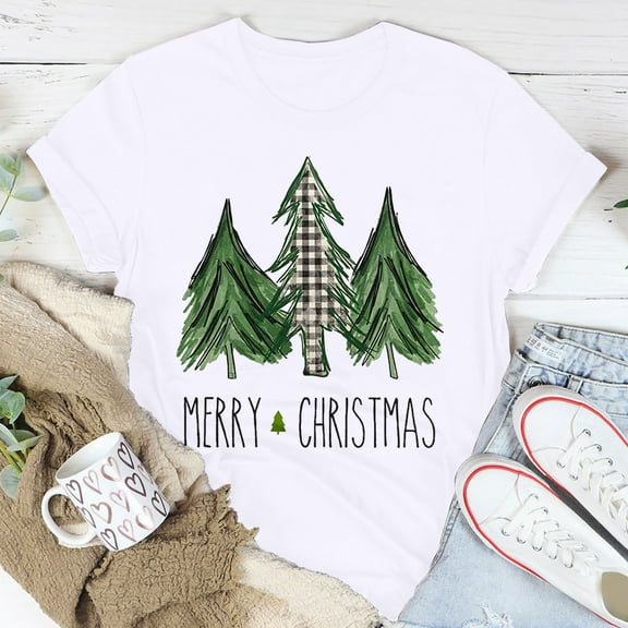 LoyisViDion Women'S Casual Round Neck Short-Sleeved Christmas Tree Printed T-Shirt Top White 6(M)