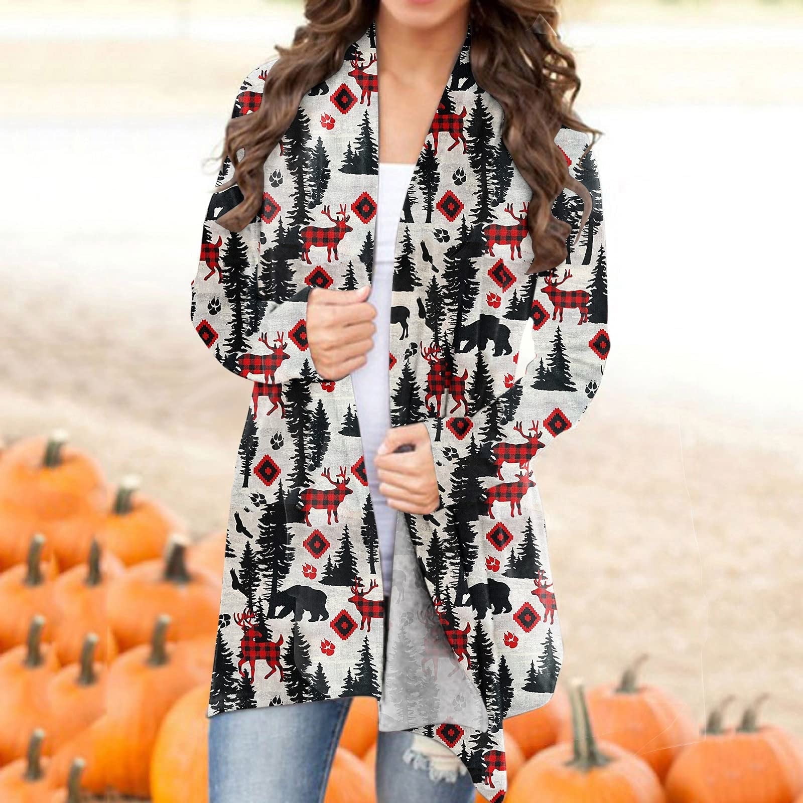 LoyisViDion Women'S Christmas Cardigan Santa Claus Print Cardigan Long Sleeve Cardigan Sweater