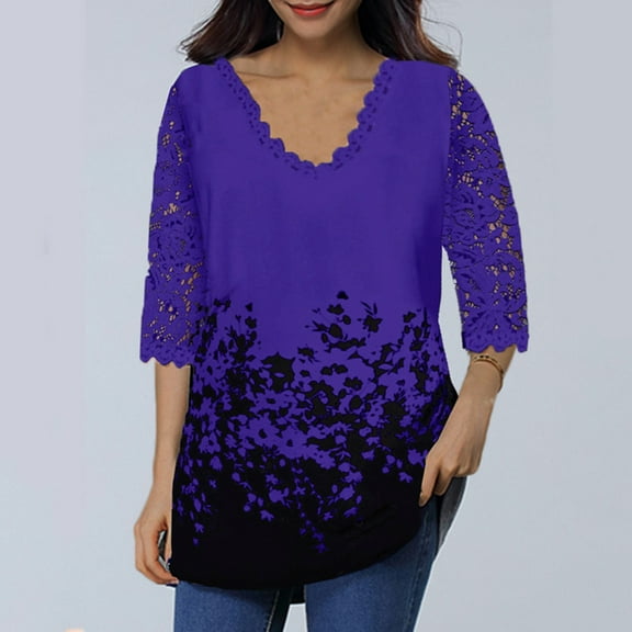 UTTOASFAY Women'S Lace 3/4 Sleeve V Neck T Shirt Ladies Floral Blouse Tunic Tops Plus Size Blue XXL