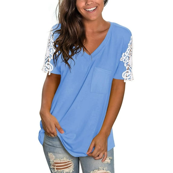 UTTOASFAY Women'S Lace Short Sleeve V-Neck T-Shirt Loose Casual Summer Tee Tops Blue 6(M)