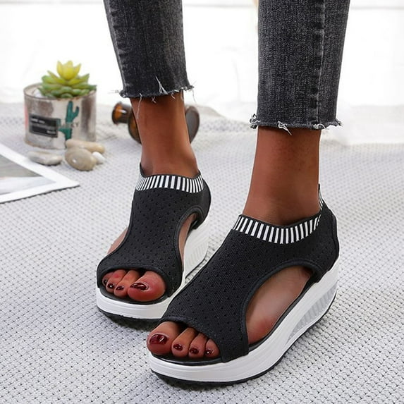UTTOASFAY Women’S Sandals Fashion Women Mesh Shoes Summer Sandals Peep Toe Thick Bottom Comfortable Shoes Black 6