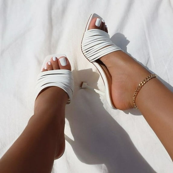 LoyisViDion Women’S Sandals Clearance Fashion Women'S High Heels Breathable Slip-On Casual Square Toe Sandals Flash Picks White 8