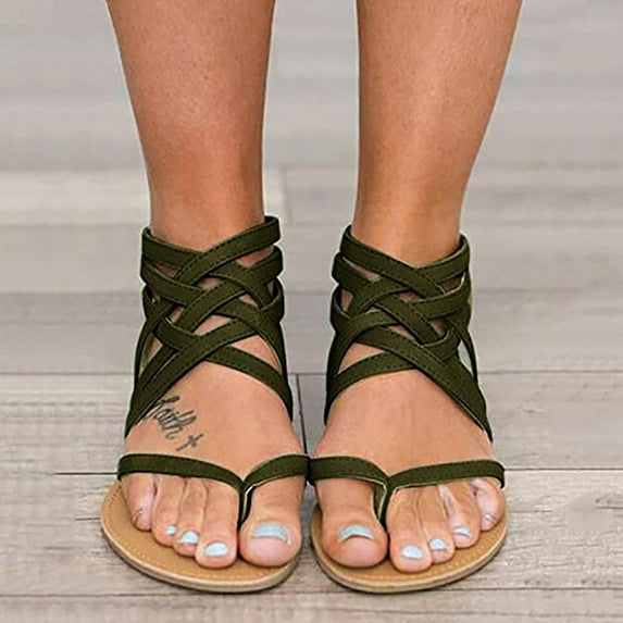 UTTOASFAY Women's Sandals Ladies Flat Sandals Zipper Open Toe Slippers Roman Shoes Summer Beach Sandals Army Green 6