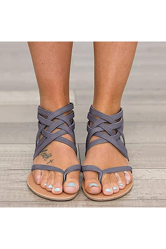 UTTOASFAY Women's Sandals Ladies Flat Sandals Zipper Open Toe Slippers Roman Shoes Summer Beach Sandals Gray 6.5