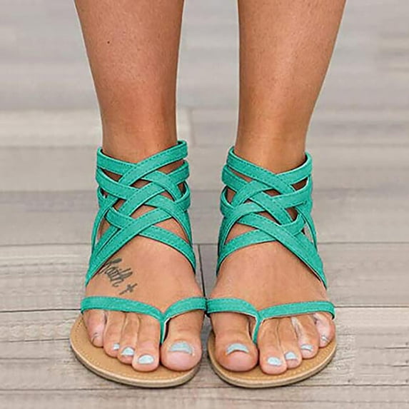 UTTOASFAY Women's Sandals Ladies Flat Sandals Zipper Open Toe Slippers Roman Shoes Summer Beach Sandals Green 7.5