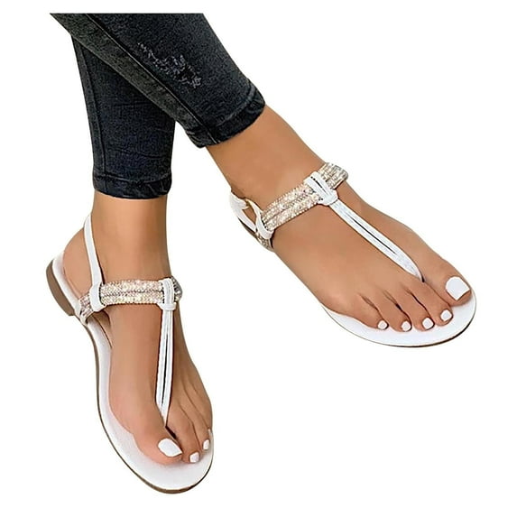 UTTOASFAY Women's Sandals Rhinestone Sandals Women's Shoes Flat Beach Sandals and Slippers Women White 8.5