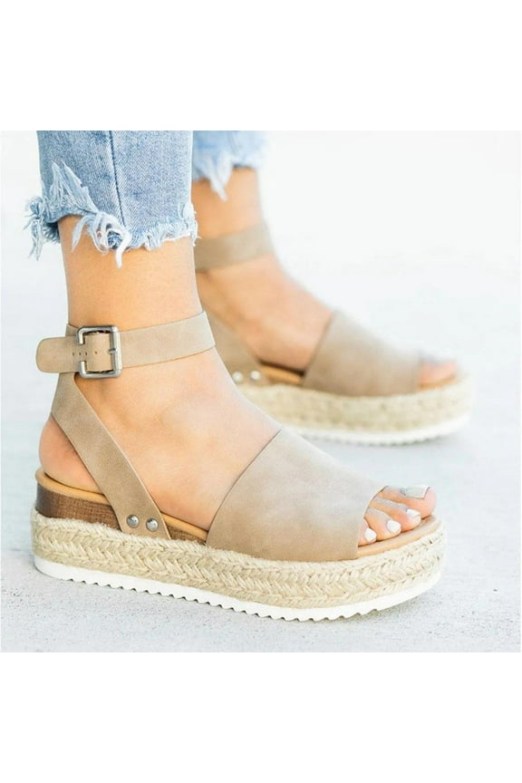 UTTOASFAY Women’S Sandals Clearance Woman Summer Sandals Open Toe Casual Platform Wedge Shoes Casual Canvas Shoes Flash Picks Khaki 9