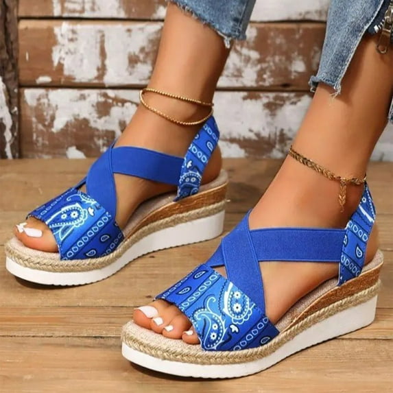 UTTOASFAY Women's Sandals Women's Sandals Printed Beach Slippers Summer Wedge Platform Arch Support Orthopedic Shoes Blue 6.5