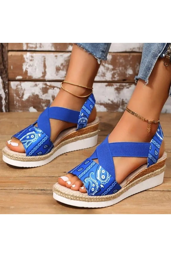 UTTOASFAY Women’S Sandals Women'S Sandals Printed Beach Slippers Summer Wedge Platform Arch Support Orthopedic Shoes Blue 6