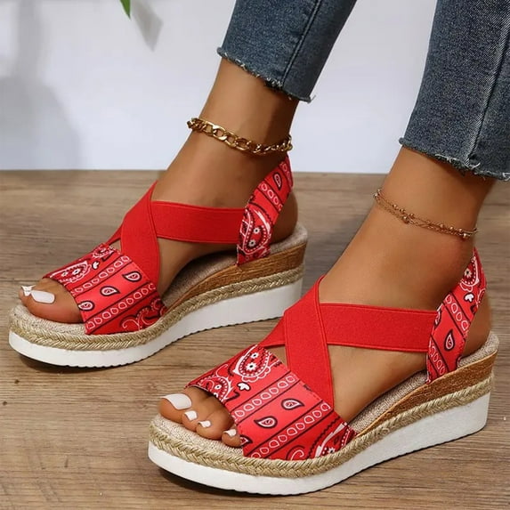 UTTOASFAY Women's Sandals Women's Sandals Printed Beach Slippers Summer Wedge Platform Arch Support Orthopedic Shoes Red 8.5