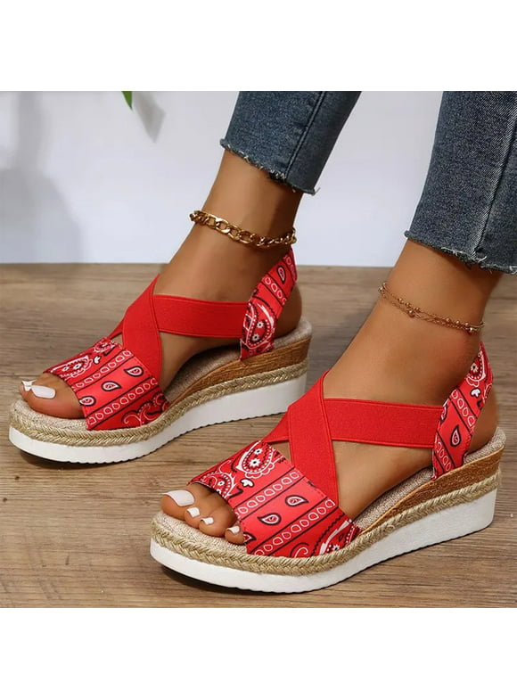 LoyisViDion Women’S Sandals Clearance Women'S Sandals Printed Beach Slippers Summer Wedge Platform Arch Support Orthopedic Shoes Rollback Red 9.5