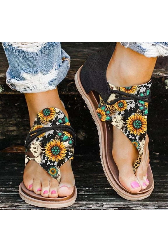 UTTOASFAY Women’S Sandals Women Summer Clip-Toe Sunflower Shoes Zipper Comfy Flats Casual Beach Sandals Black 4.5