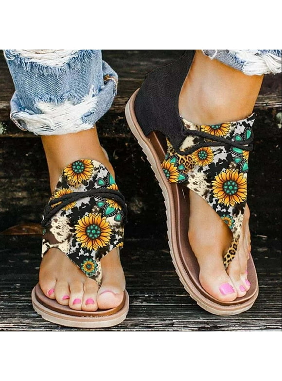 LoyisViDion Women’S Sandals Clearance Women Summer Clip-Toe Sunflower Shoes Zipper Comfy Flats Casual Beach Sandals Rollback Black 7.5