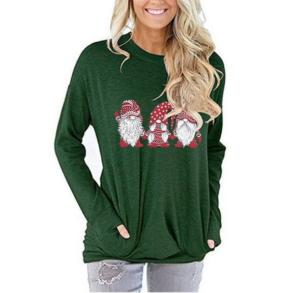 LoyisViDion Women'S Solid Color Christmas Print Round Neck Sweater Women Green 8(M)