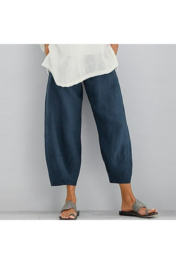 UTTOASFAY Women'S Summer Casual Loose Pants Cotton and Linen Solid Color Wide-Leg Pants Navy 4(S)