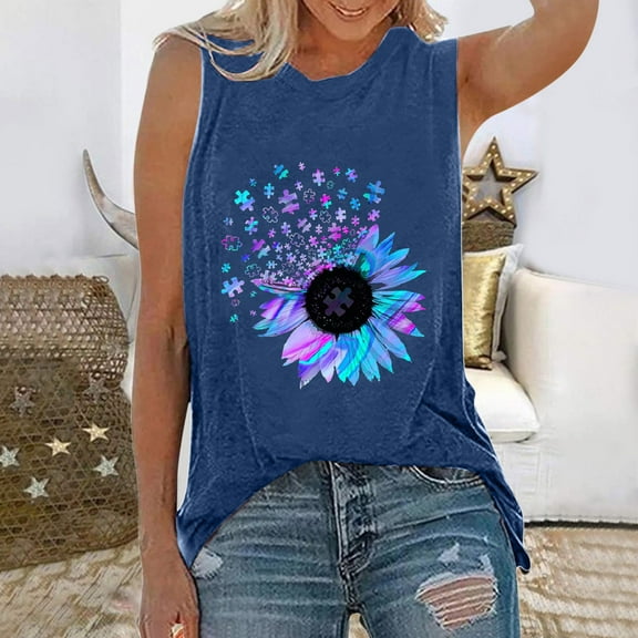 UTTOASFAY Women'S Tank Top Women Letters Printing Sleeveless O-Neck Vest Tank Shirt Tunic Blouse Tops Blue S