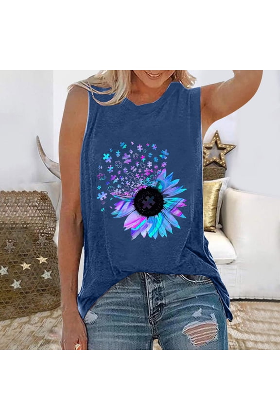 Women's Tank Top Women Letters Printing Sleeveless O-Neck Vest Tank Shirt Tunic Blouse Tops Blue XL