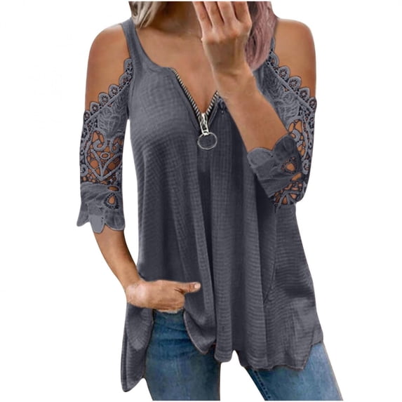 LoyisViDion Women'S Tops Long Sleeve Cold Shoulder Tops Neck Zipper Soild Hollow Out T-Shirt Casual Blouses Shirts Gray 6(M)