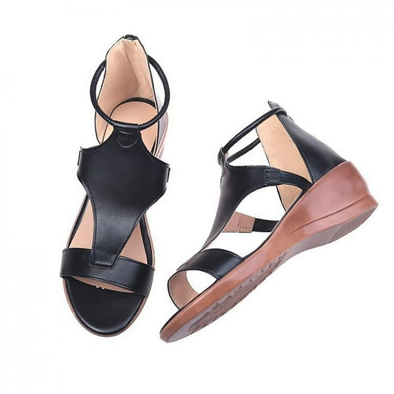 UTTOASFAY Women's Zipper Round-Toe Wedge Sandals Summer Plus Size Sandals Black 36
