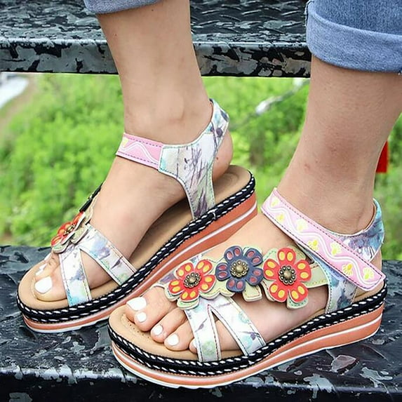 LoyisViDion Women Shoes Clearance Spring and Summer Plus Size Ethnic Style Flower Platform Ladies Sandals Special offers Pink 5.5