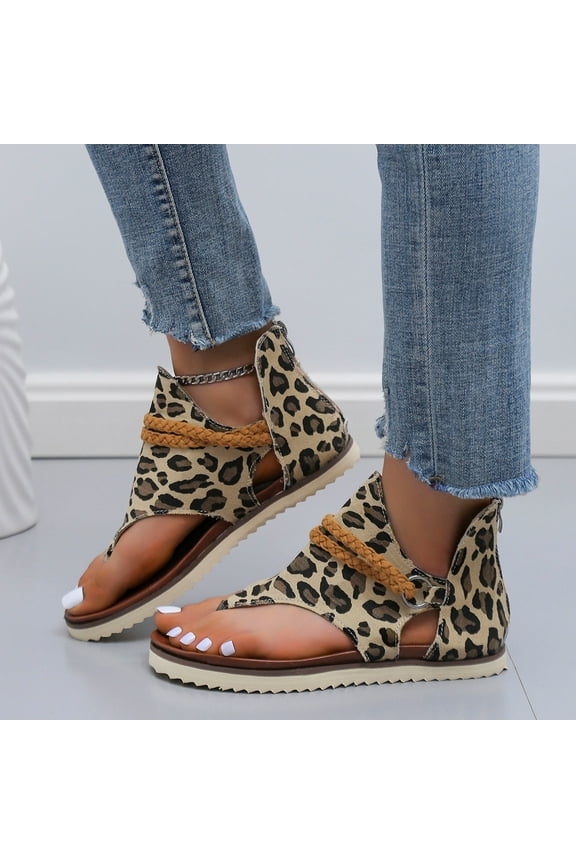 Women Shoes Clearance Summer Flats Roman Braid Back Zip Casual Leopard Solid Color Ladies Sandals Special offers Brown 8.5