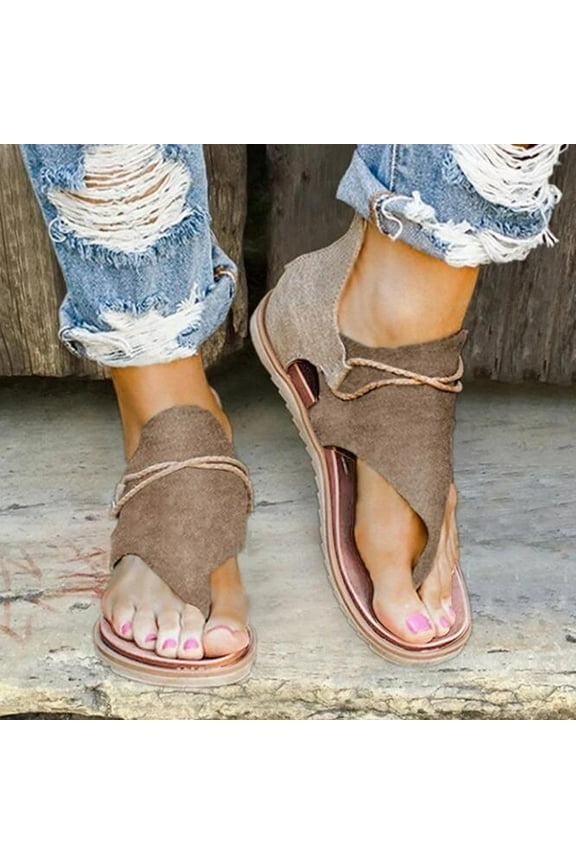 LoyisViDion Women Shoes Clearance Women'S Shoes Fashion Solid Color Minimalistic Toe Clip Roman Flat Sandals Slippers Flip Flop Special offers Khaki 7.5