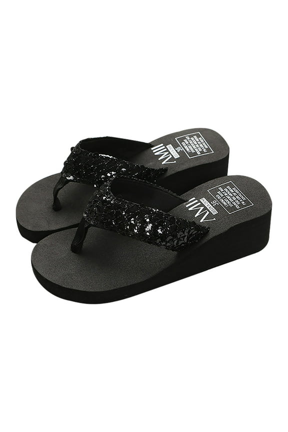 Women Slide Sandals Women Summer Fashion Sequin Flip-flops with Slide Beach Sandals Black 7(39)